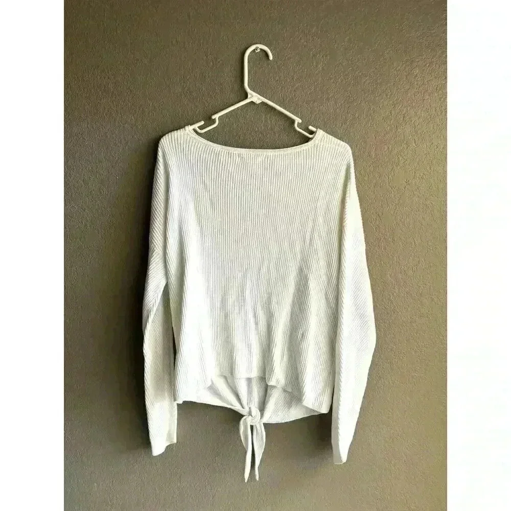 Lucky Brand Women’s Med White Ribbed Knit Knot Front‎ Long Sleeves Sweater